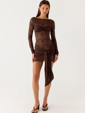 Peppermayo Brown Lace Twist-Front Mini Dress